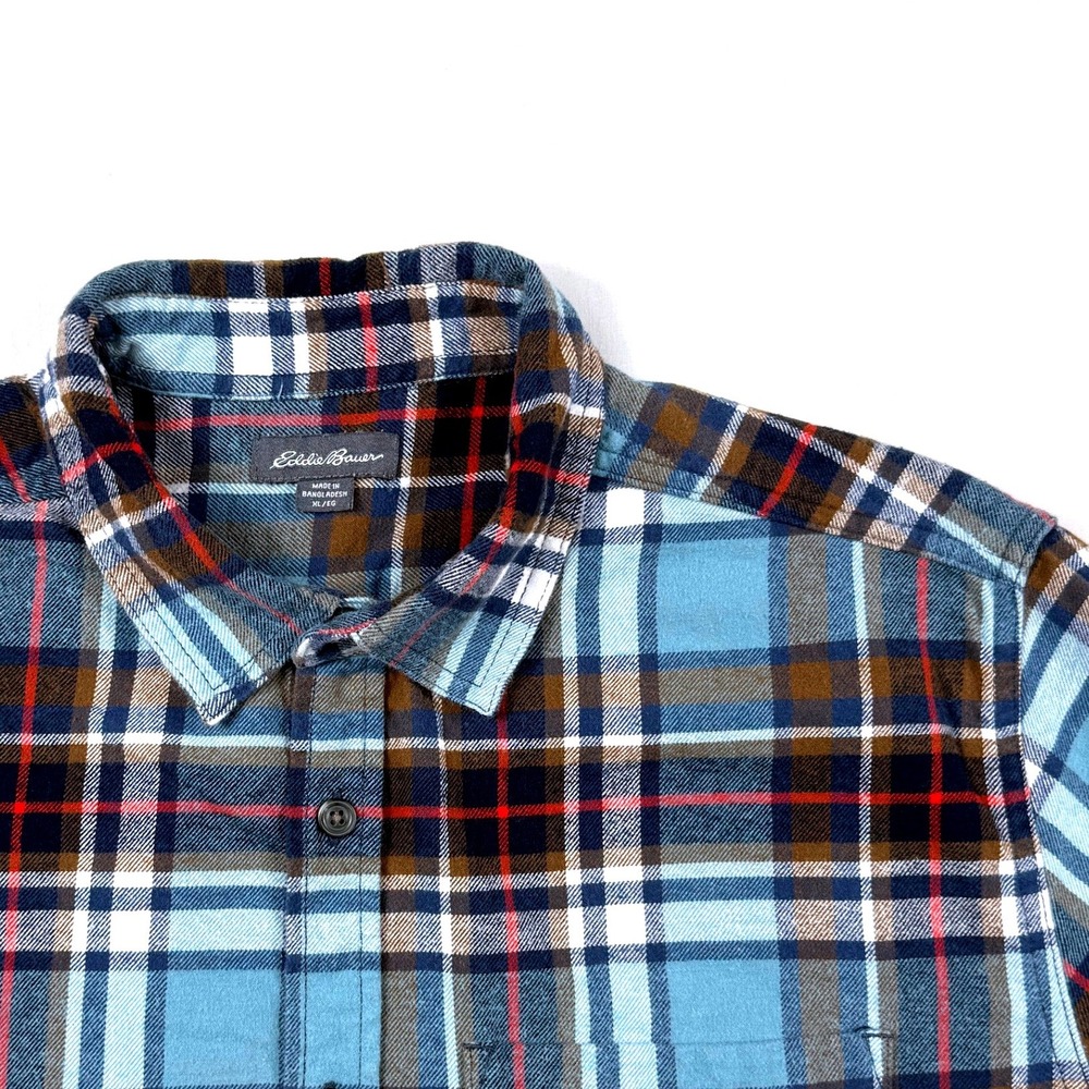 Eddie Bauer Mens XL Flannel Shirt Blue Brown Plaid Long Sleeve Button Up